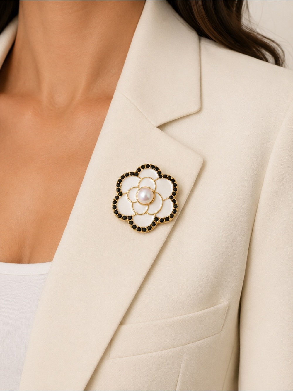 Pearl & Black Crystal Floral Brooch - Women Jewelry